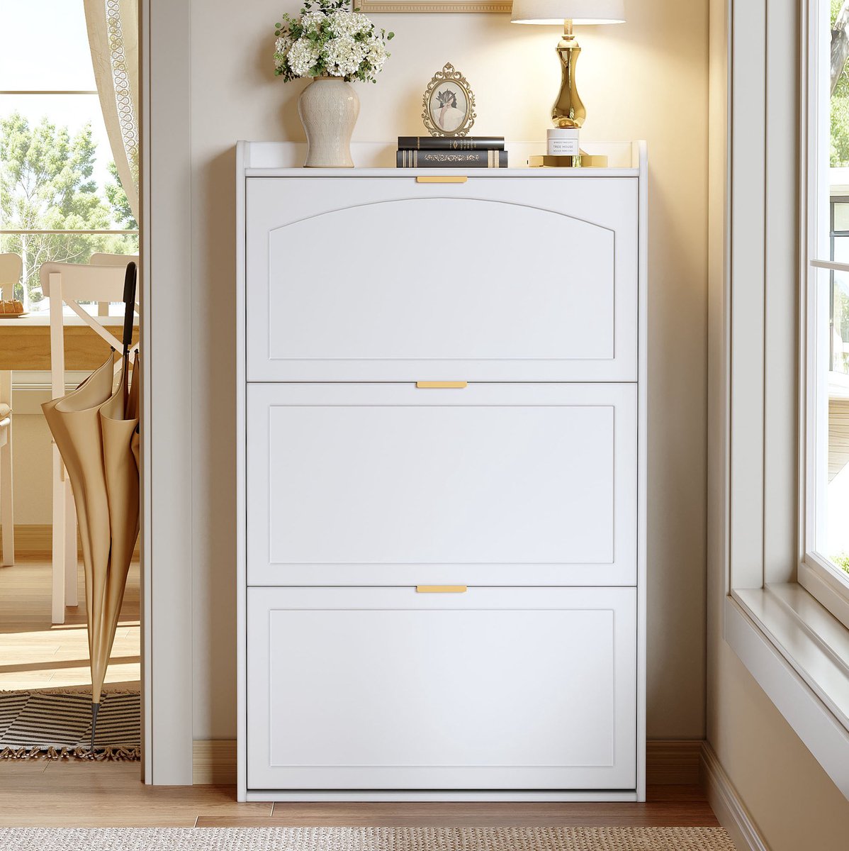 MEUNIQ smalle schoenenkast met 3 kleppen 76 x 23 x 118 cm, wit, staande schoenkast van spaanplaat voor hal, entree of woonkamer met bovenblad