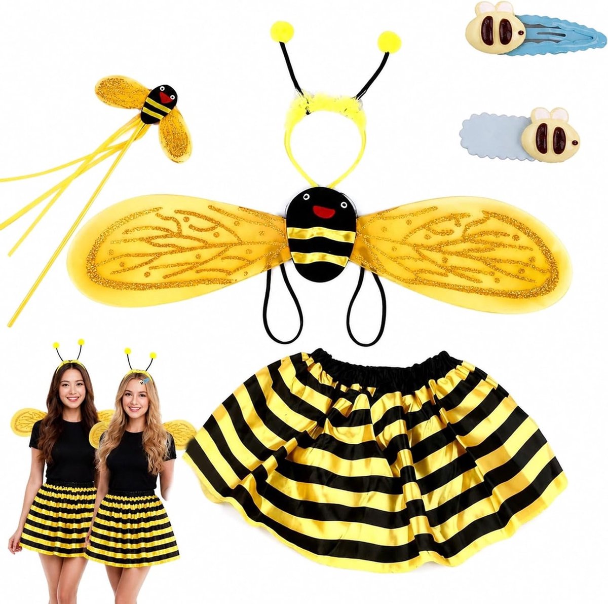Bijen Kostuum voor Kinderen van 3-12 Jaar - Verkleedset met Rok, Vleugels, Toverstaf en Hoofdband - Geel Zwart Outfit voor Feest, Carnaval en Halloween