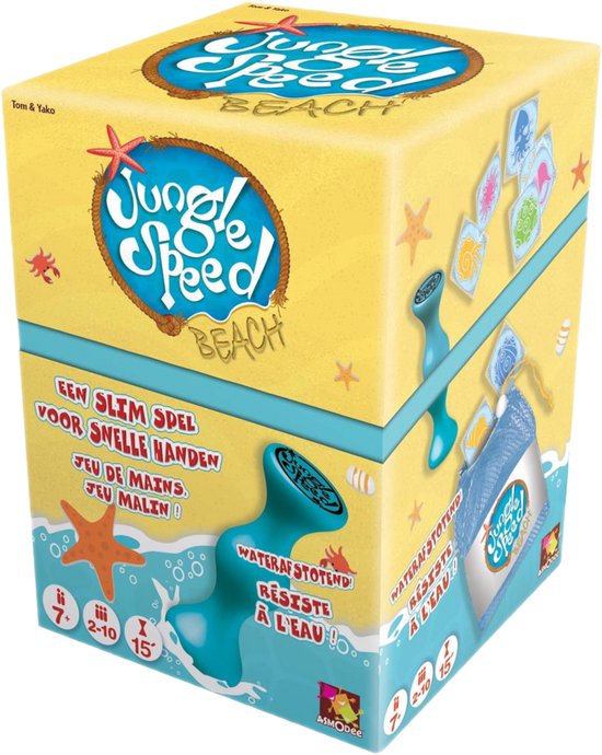 Doos van Jungle Speed Beach spel met blauwe en gele kleuren, zandtextuur, kaarten en speelgoed.