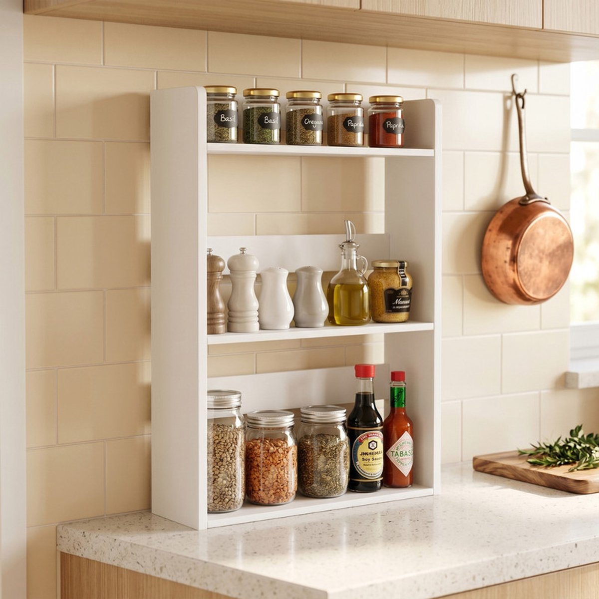 EGGREE Vrijstaand houten kruidenrek met 3 niveaus / keukenorganizer - Aanrechtplank voor keukens, kantoren - slaapkamers en vensterbanken - Wit - 40 × 20 × 65 cm