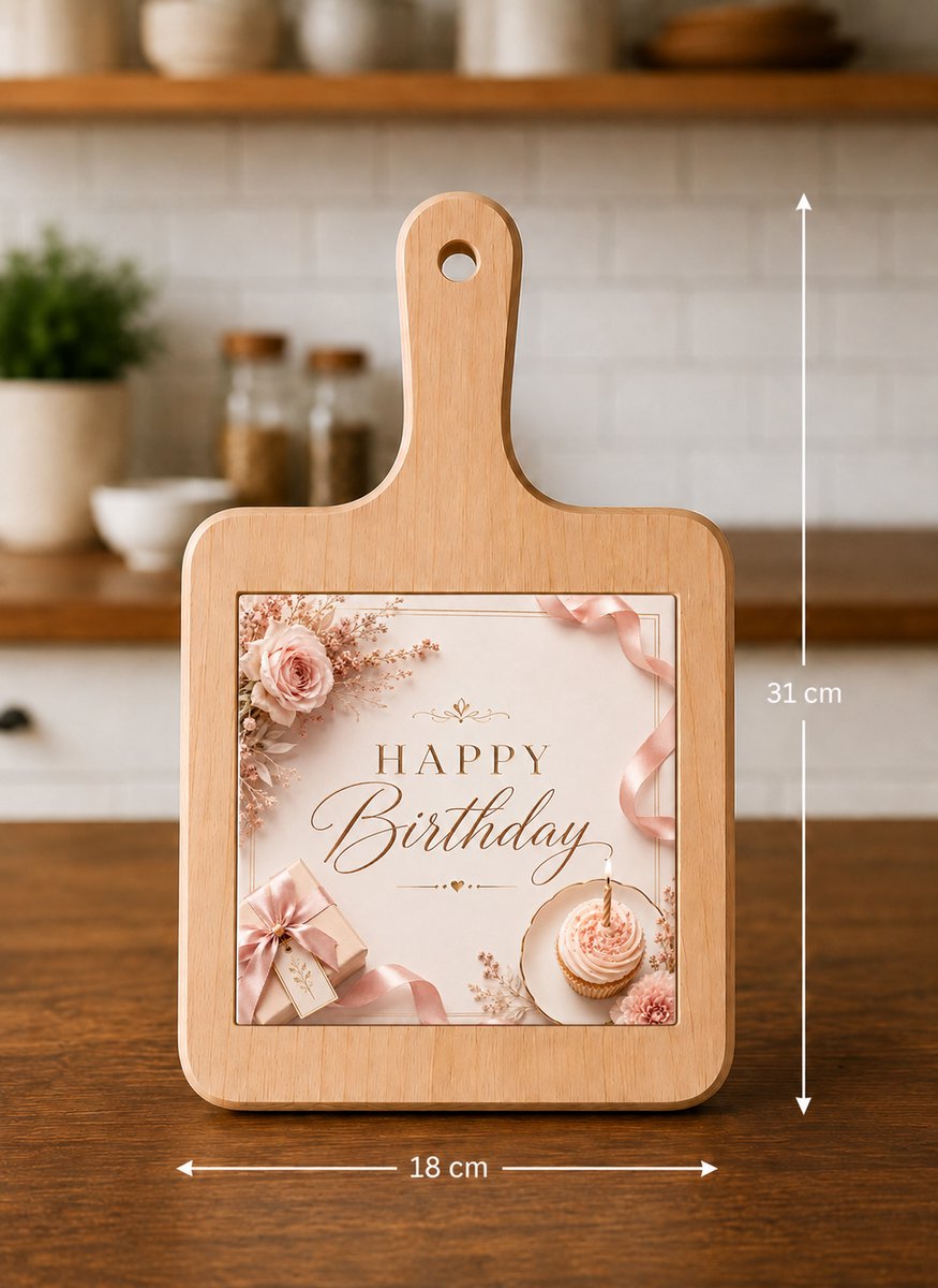 Kaasplank Happy Birthday – Met Keramische Tegel – Houten Serveerplank 18 x 31 cm – Verjaardag Cadeau