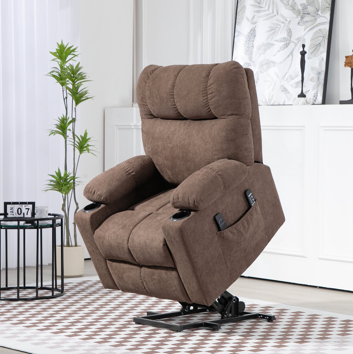 OKWISH Relaxfauteuil 91 x 95 x 109 cm - Elektrische Sta-op Hulp, Verstelbare Ligstand, Massage En Lendenverwarming - Woonkamer - Fluweelachtig Polyester - Bruin