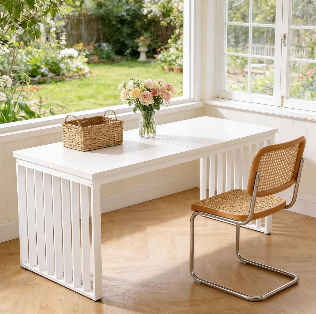 FloraGrace Bureau - Tweepersoons Bureau Voor Twee Computers - Industriële Werktafel Voor Kantoor En Thuiswerk - MDF En Metaal - 180x60 Cm - Wit
