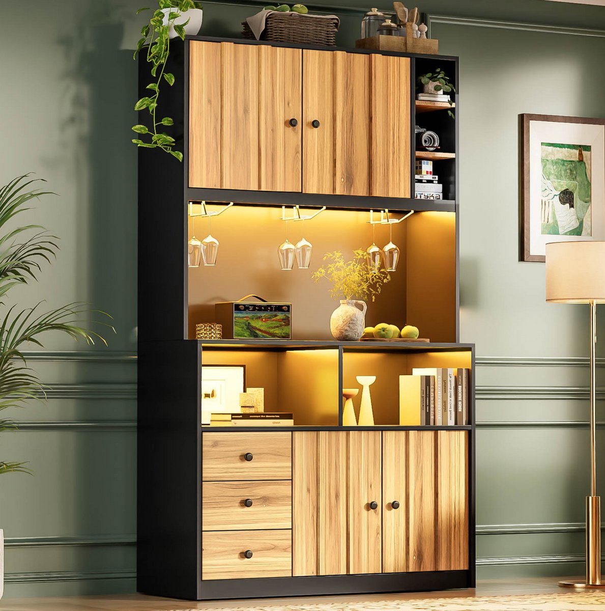 Wishdor - Keukenkast - Hoogkast met LED, stopcontact, wijnrek en vitrine - modern - voor keuken en eetkamer - houtlook - zwart/naturel - 100 x 40 x 180 cm