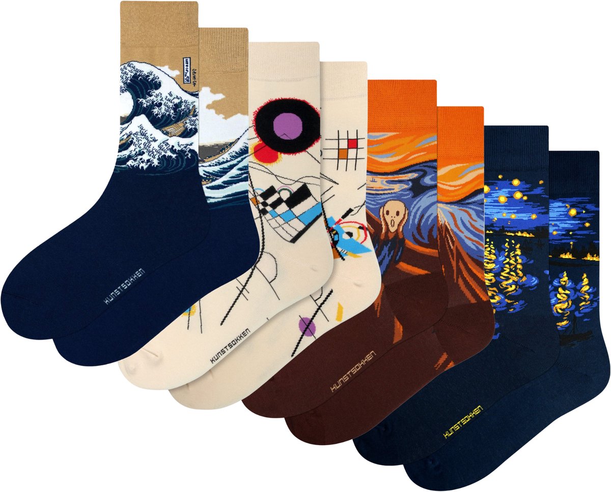 Kunst sokken - Signature Selection 4-Pack: Edvard Munch, Katsushika Hokusai, Wassily Kandinsky, Vincent van Gogh - Sokken Heren 41 46 - Biologisch Katoenen Sokken - funny socks happy - Vrolijke Sokken - Grappige Sokken - Sokken Cadeau