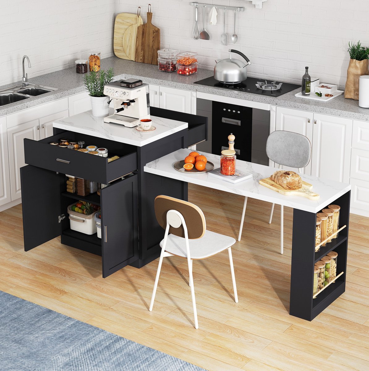 MEUNIQ keukeneiland met uitschuifbare eettafel 211 x 55 x 89,5 cm, stopcontact en USB, 2 lades, kast en open planken, voor keuken, zwart met witte marmerlook