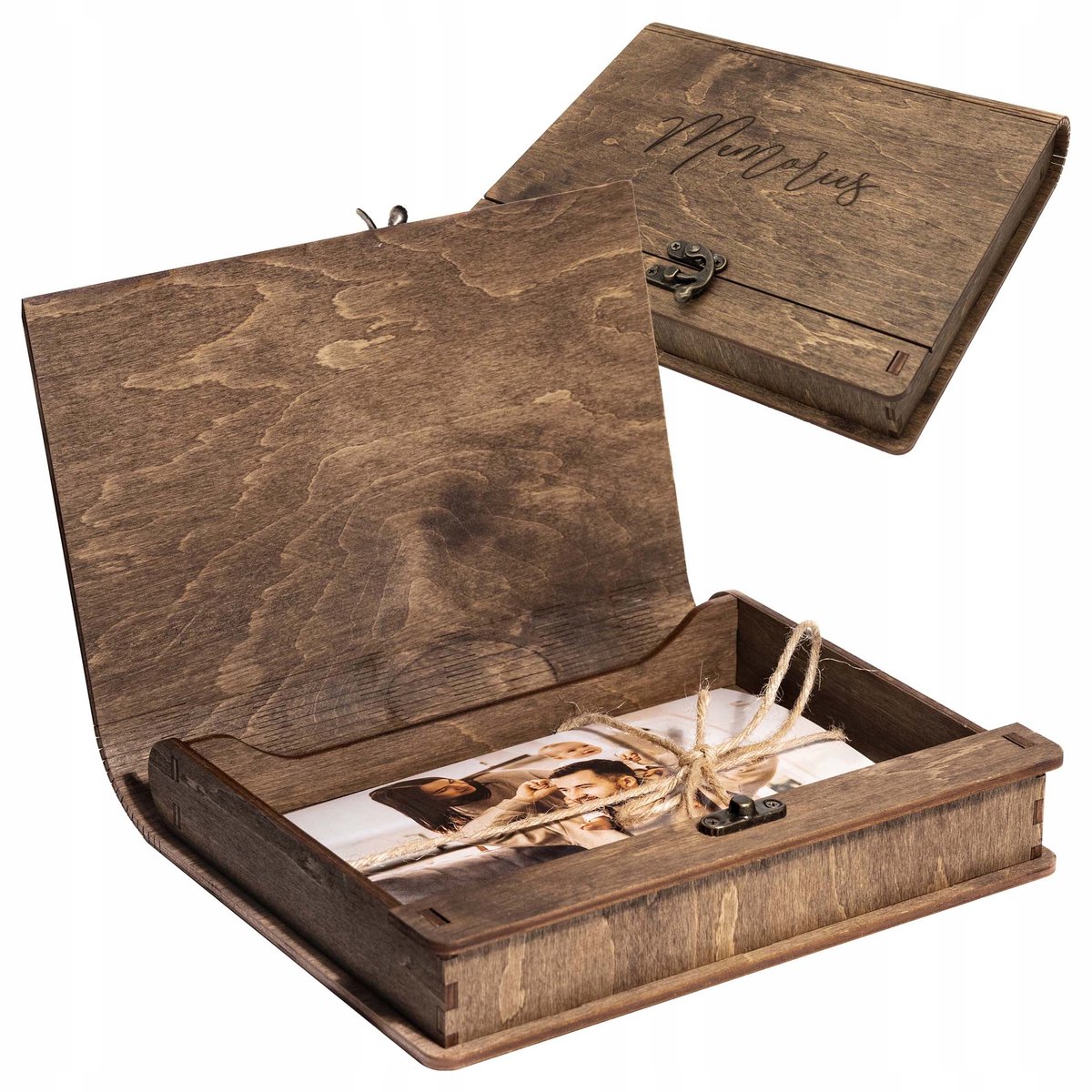 Houten fotoalbum 13x18 cm met gravure en box voor 100 foto's