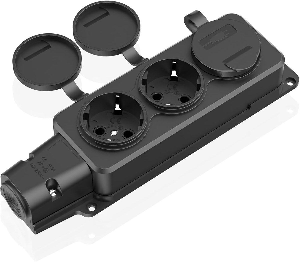 Buitenstopcontact, waterdicht, 3-voudig buitenstopcontact met klapdeksels, stekkerdoos voor vochtige ruimtes, buitenstopcontact voor tuin, buiten, vochtige ruimtes, zwart (zonder kabel)