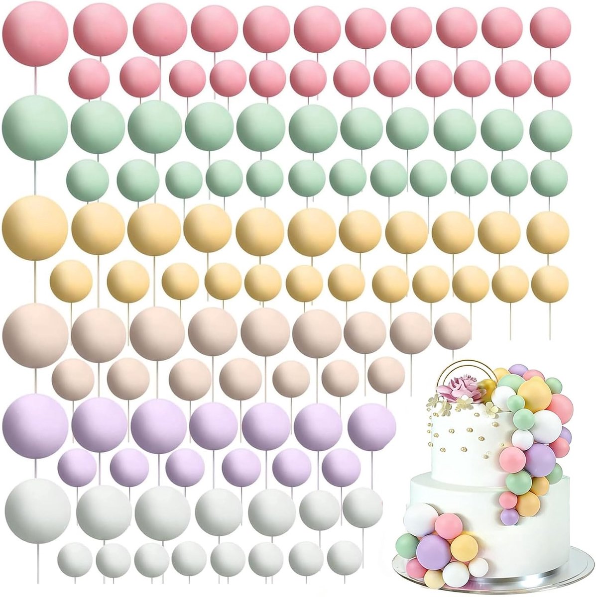 108 ballen, taartdecoratie, ballen voor taarten | Doe-het-zelf verjaardagstaarttopper, mini-taartdecoratie voor bruiloft, taart, verjaardag, jubileum (6 kleuren A)