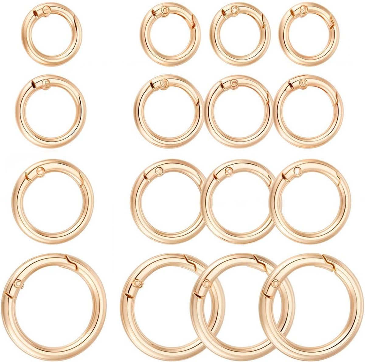 16 stuks 4 maten O-ringen veerring ronde karabijnhaak gouden legering mini opening klik-op sluiting metalen vervangende haken voor sleutelhangers ringen