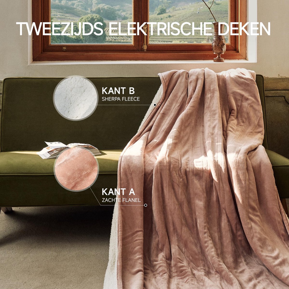 Elektrische deken 150x200cm - flanel en sherpa - roze - heerlijk warm - SnelShoppen