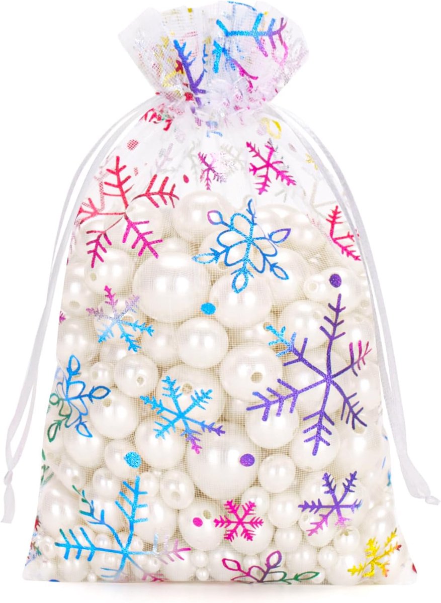Witte organza zakjes: organzazakjes, sneeuwvlok, groot, 13 x 18 cm, voor Kerstmis, bruiloft, verjaardag, snoep, sieraden, 50 stuks
