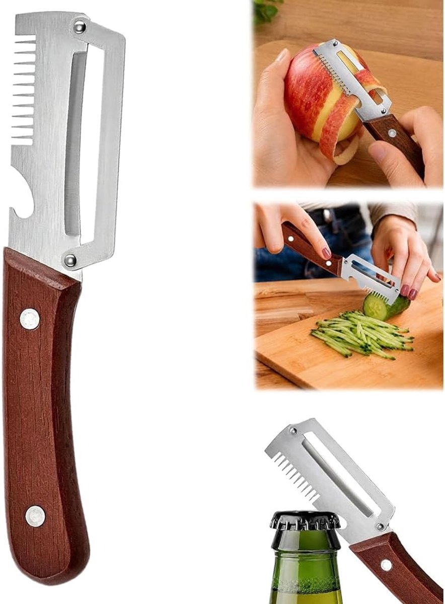 Groenteschiller voor de keuken, 3-in-1 dunschiller met houten handvat, roestvrijstalen lemmet en flesopener, Zero Flex keukenhulp voor groenten en fruit