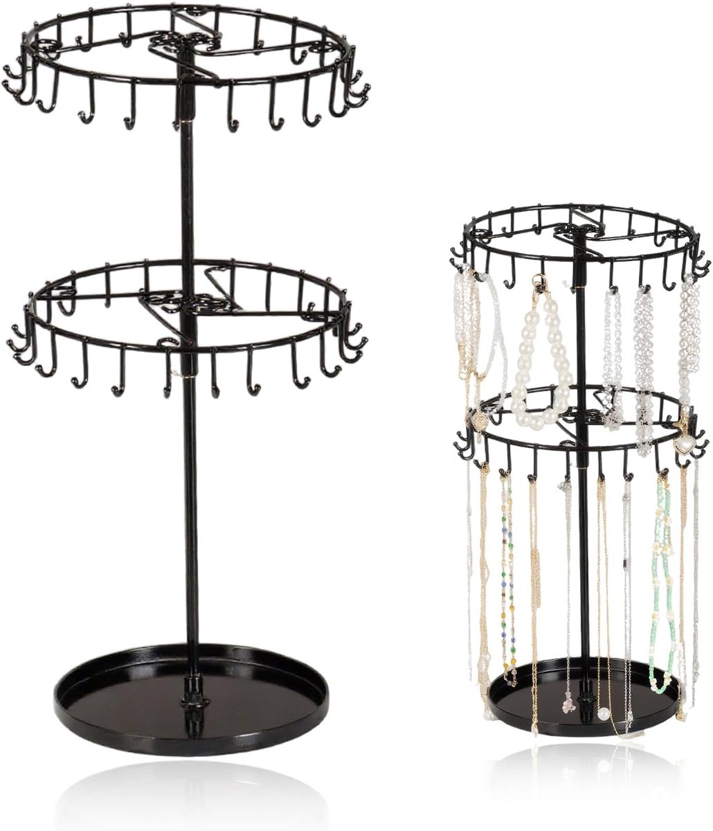 2-traps ketting, zwart, kettingstandaard, sieradenhouder, draaibare opslag, metalen kettinghouder, sieradenorganizer, standaard voor halsketting, armband