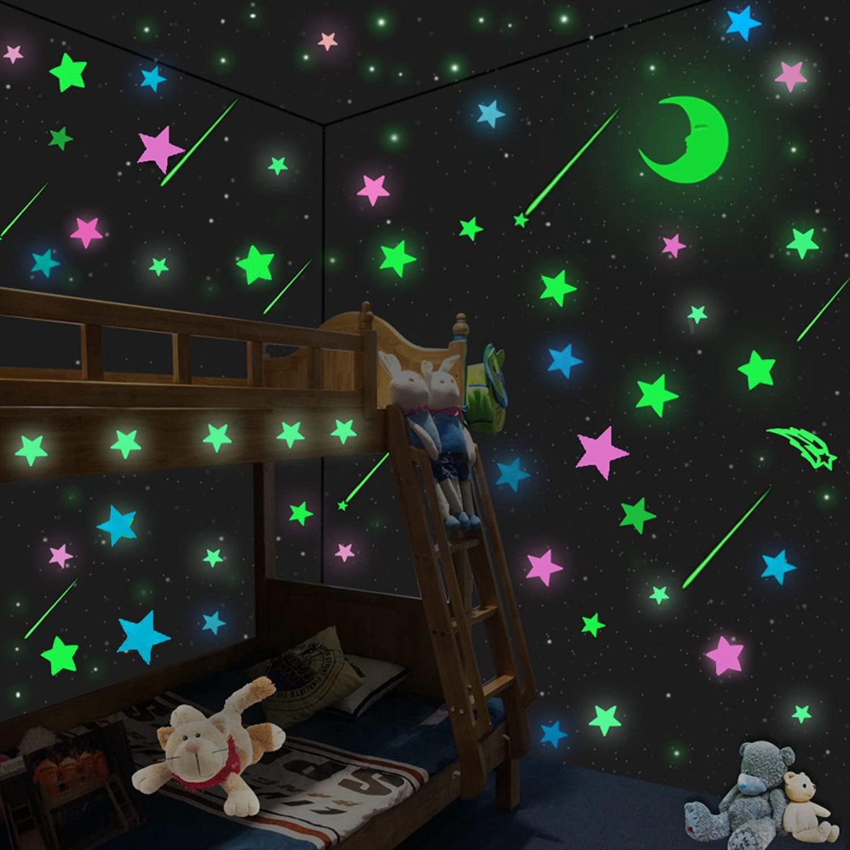 206 Stücke Glow in The Dark Sterne en Maanstickers voor Nachtmuurdecoratie, 3D Gloeiende Sterrenhemel en Grote Maanstickers voor Kinderkamer Muren, Plafonddecoratie