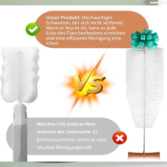 Flessenreiniger, flessenreinigingsborstel, ronde kop, lange steel, reinigingsborstel voor waterflessen, babyflessen, vazen, karaffen, met 9 cm borstelkop — afbeelding 5
