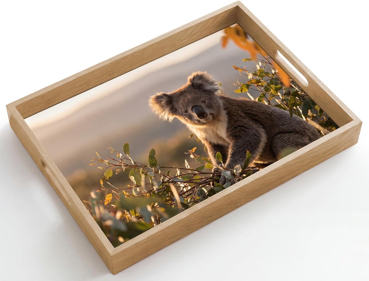 Rechthoekig 50x35 cm Houten Dienblad Met Handgrepen Eikenhout Krasbestendig Hittebestendig Wooden Tray Koffie Thee Koala - Bladeren - Ochtendlicht