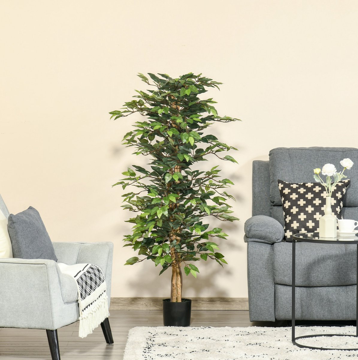 Kunstplant Ficusboom 150 Cm Realistisch Met Zwarte Pot Kunststof Groen Voor Binnen En Buiten Onderhoudsarm En Direct Plaatsbaar