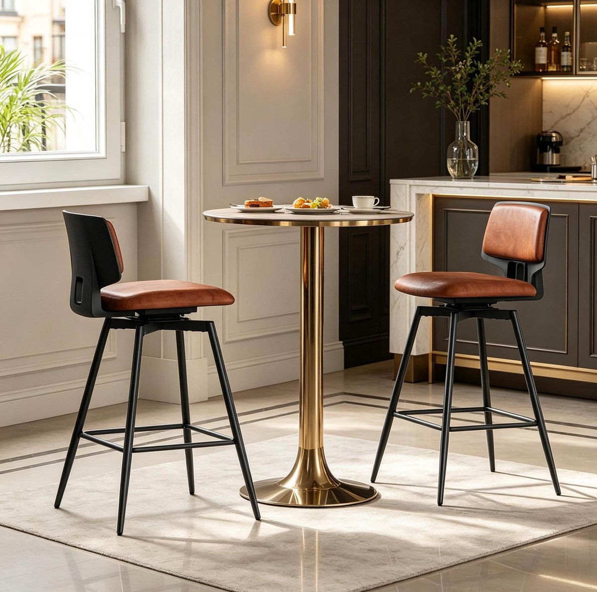 STILVORA Barkruk Set van 2 65,5 Cm Zithoogte - 360 Draaibaar Met Rugleuning En Voetsteun - Voor Keuken Bar En Woonkamer - Kunstleer - Bruin
