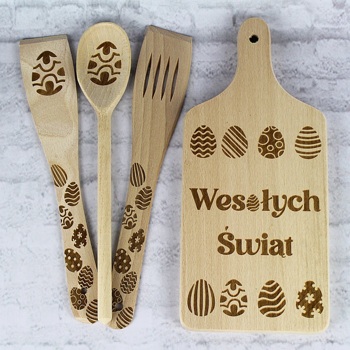 Merkloos Keukengerei Set met Paas Gravure - Houten Plank & Lepel