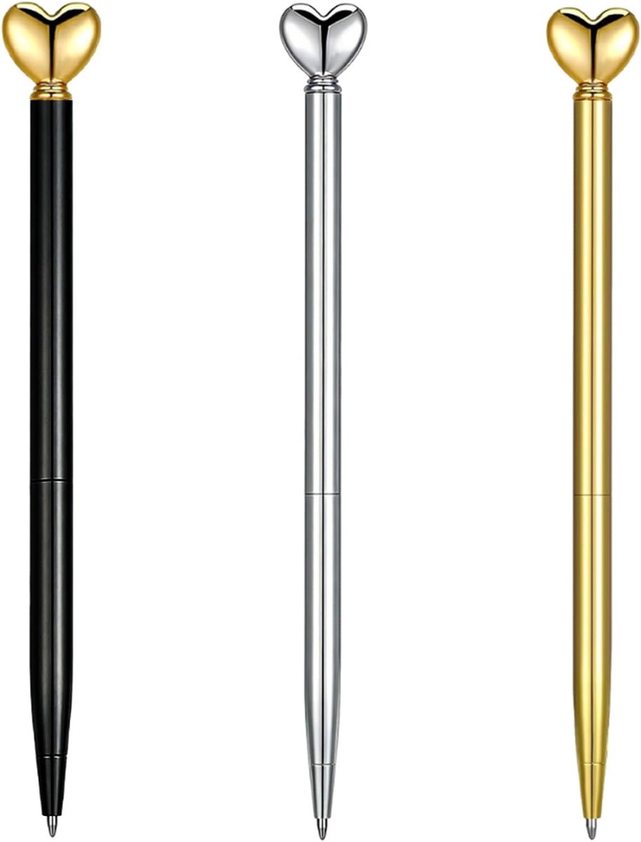 Set van 3 balpennen - hartvormig design - metallic afwerking - origineel cadeau voor Valentijnsdag - SnelShoppen