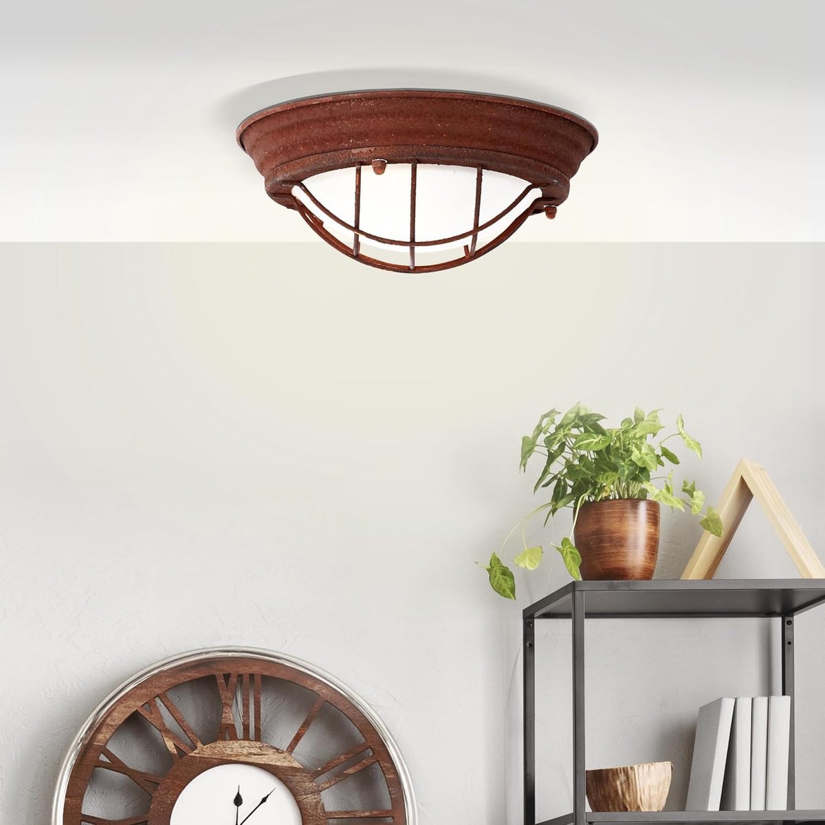 Plafondlamp vintage 29 cm - metaal/glas roest/wit - dimbaar en energiezuinig - SnelShoppen