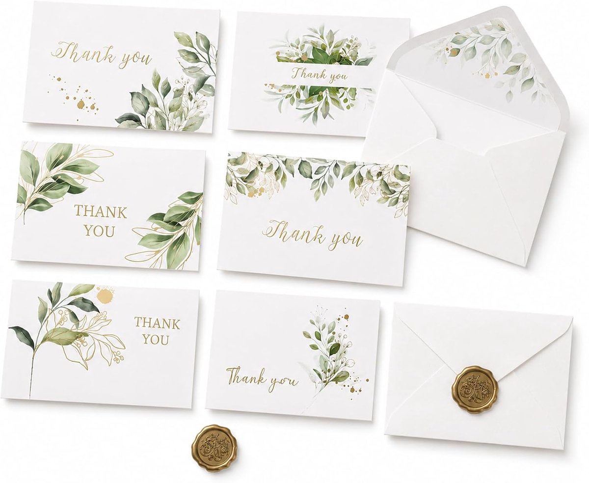 Bedankkaarten A6 - Eucalyptusdesign - 6 stuks met envelop en zegelstickers - SnelShoppen