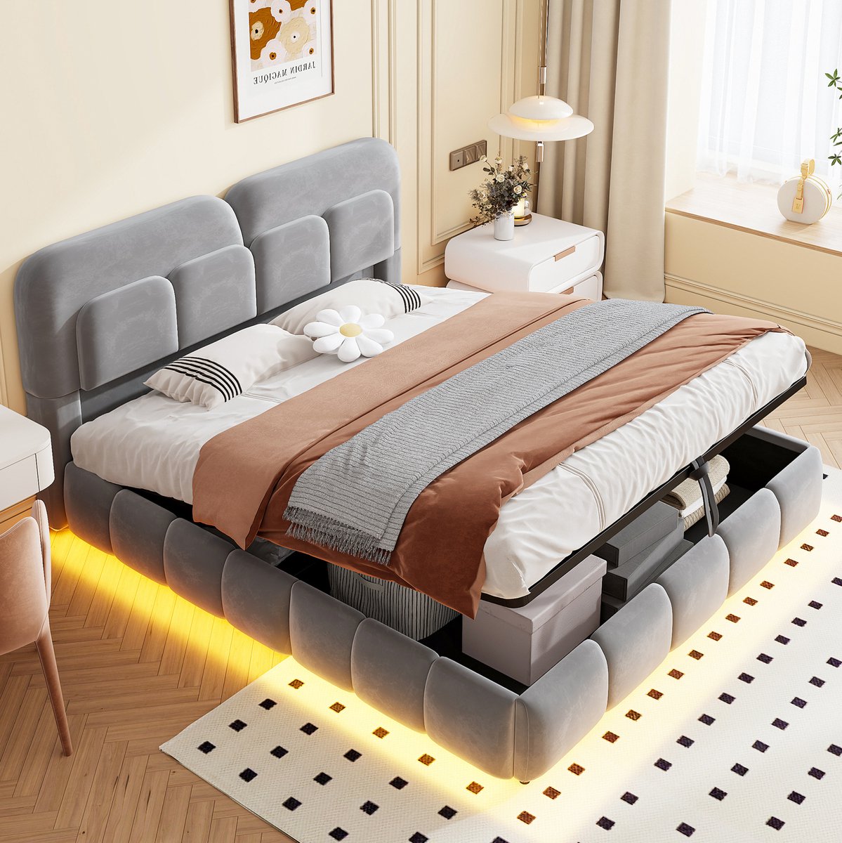 STILVORA Gestoffeerd Bed 140x200 cm – Tweepersoonsbed Met LED-Verlichting – Hydraulische Opbergruimte – Voor Volwassenen – Fluwelen Stof – Zonder matras – Grijs