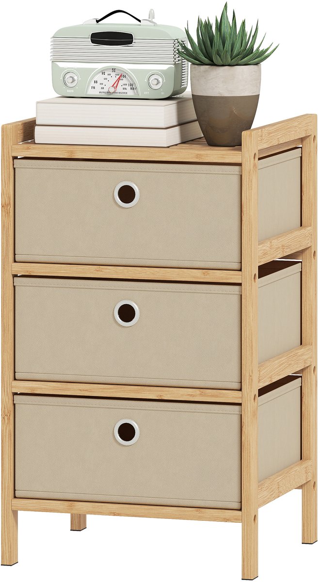 ECTEATOY® Nachtkastje - Ladekast met 3 Stoffen Laden - 33x29x55 cm - Voor Slaapkamer & Woonkamer - Bamboe - Natuurlijk