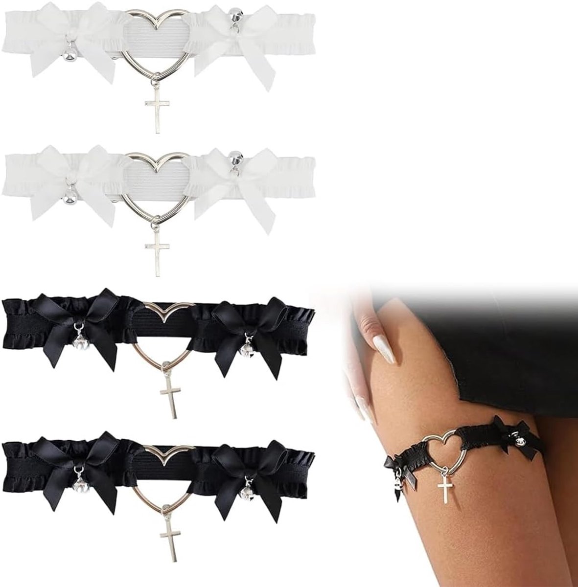 Erotische kousenset dames 4-delig - zwart/wit - hartstrik en kruishanger - perfect voor speciale gelegenheden - SnelShoppen