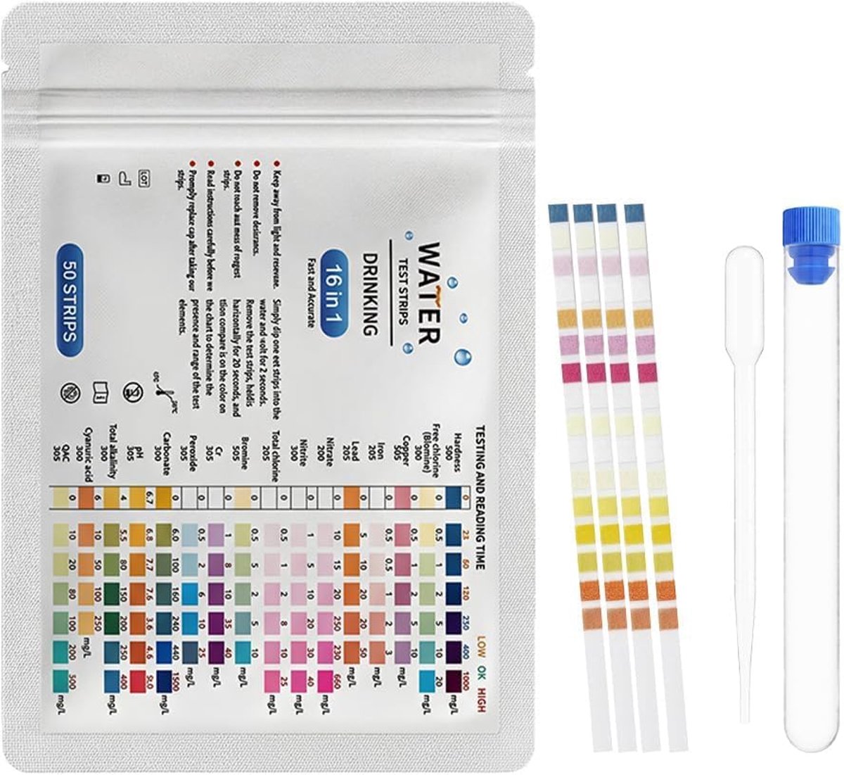Drinkwaterteststrips 50 x 16-in-1 - Watertester voor kraan - Meetinstrumenten voor zwembaden - SnelShoppen