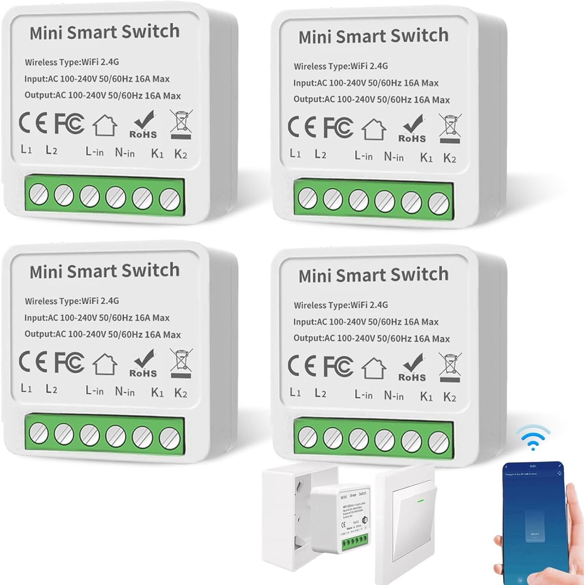 Slimme Lichtschakelaar 4 Stuks - 2-Weg WiFi Mini Schakelaar - Compatibel met Tuya, Alexa en Google Home - SnelShoppen