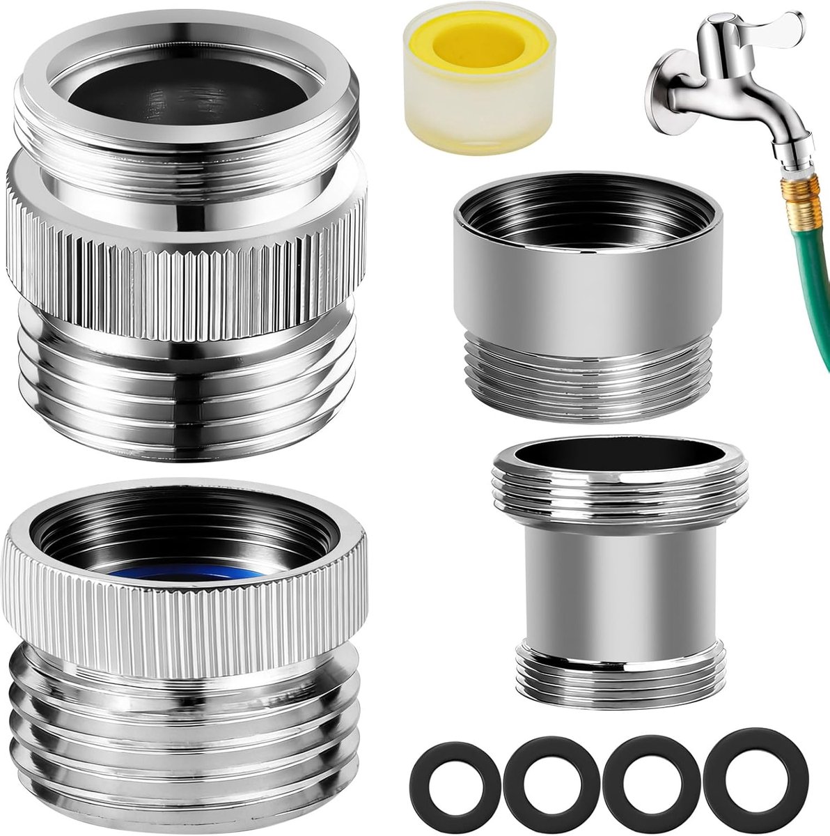 Kraan naar slang adapter set - 4-delig messing - inclusief afdichtringen en tape - ideaal voor tuin en schoonmaak - SnelShoppen