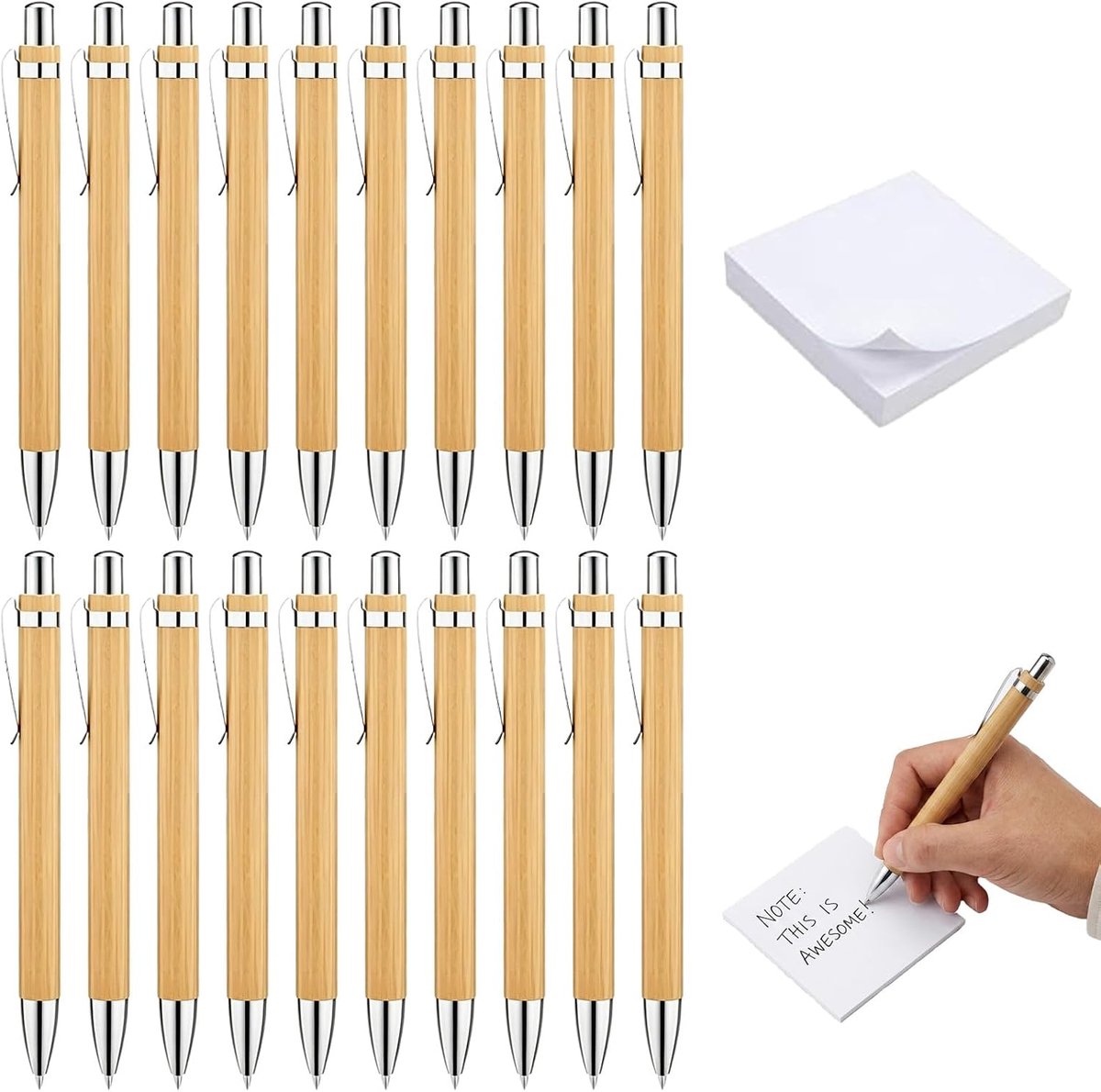 Bamboe balpennen set - 20 stuks - inclusief 100 blanco notitiebriefjes - uitbreidbaar & duurzaam - SnelShoppen