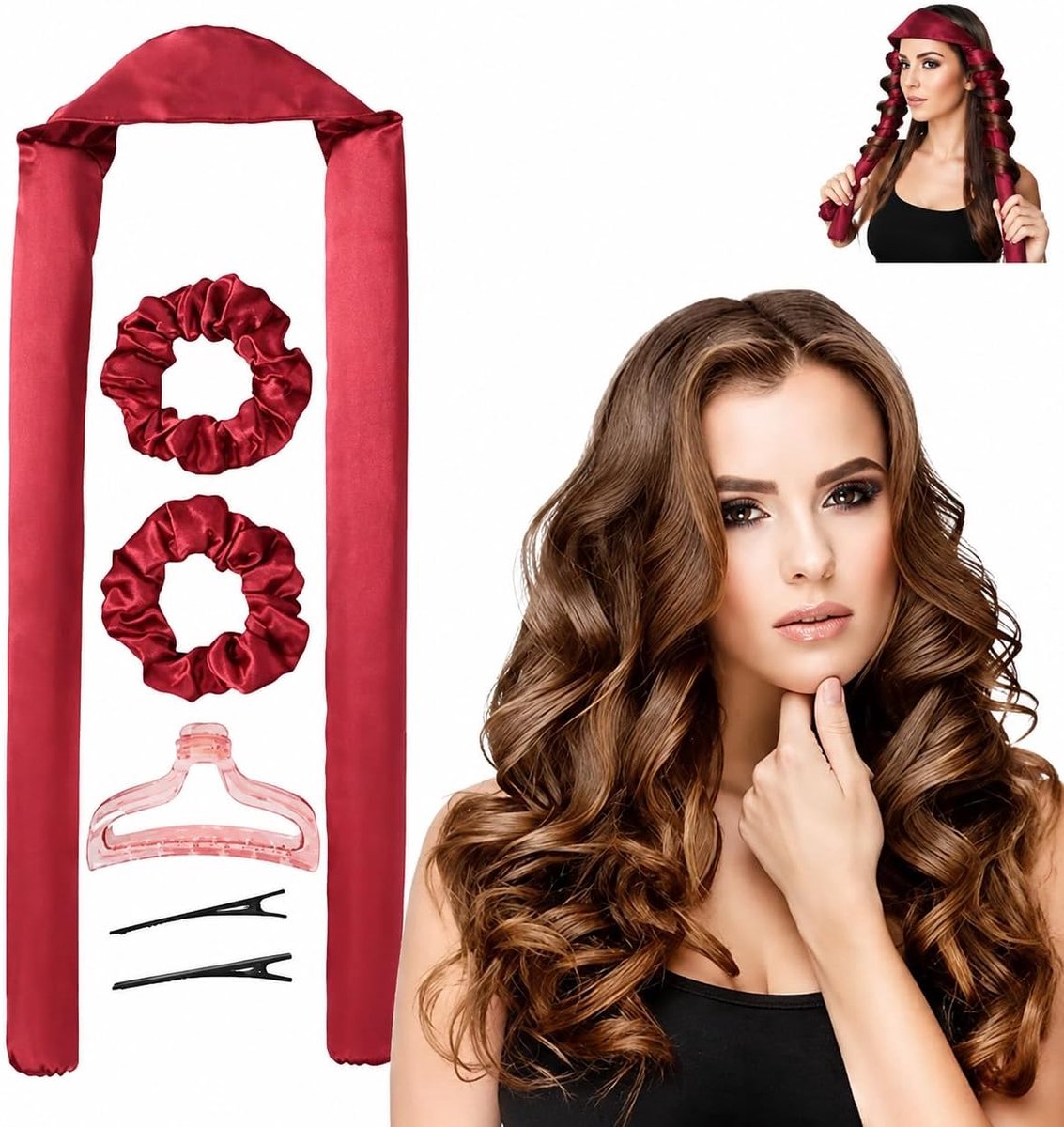 Heatless curling rod haarband - zachte zijde - voor lange haren - creëer moeiteloos krullen - SnelShoppen