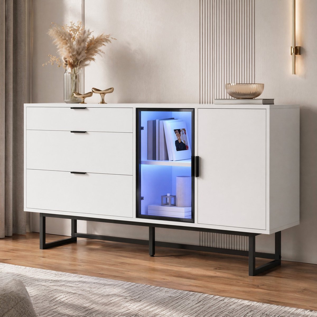 REDOM - Dressoir - 3 lades en glazen vitrinedeel met LED-verlichting - Gesloten kast met metalen frame - Modern minimalistisch - Wit - 160 x 36 x 78 cm