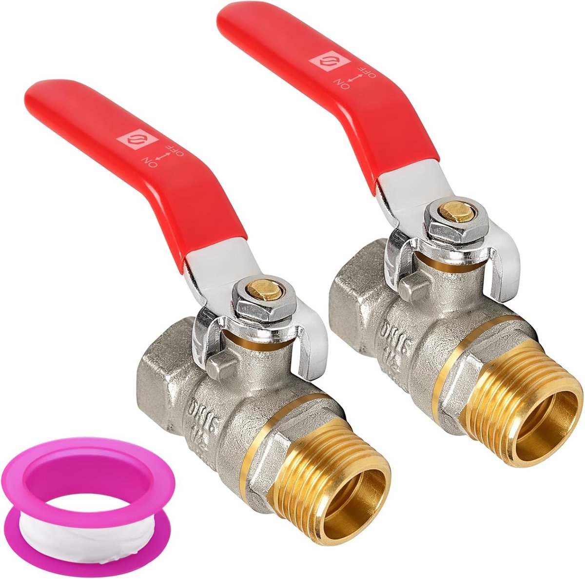 2 stuks kogelkraan, 1/2 inch, afsluitkraan, messing, afsluitventiel AG/IG PN25 DN15, met lange hendelgreep, rood en volledig doorgang, met afdichtband