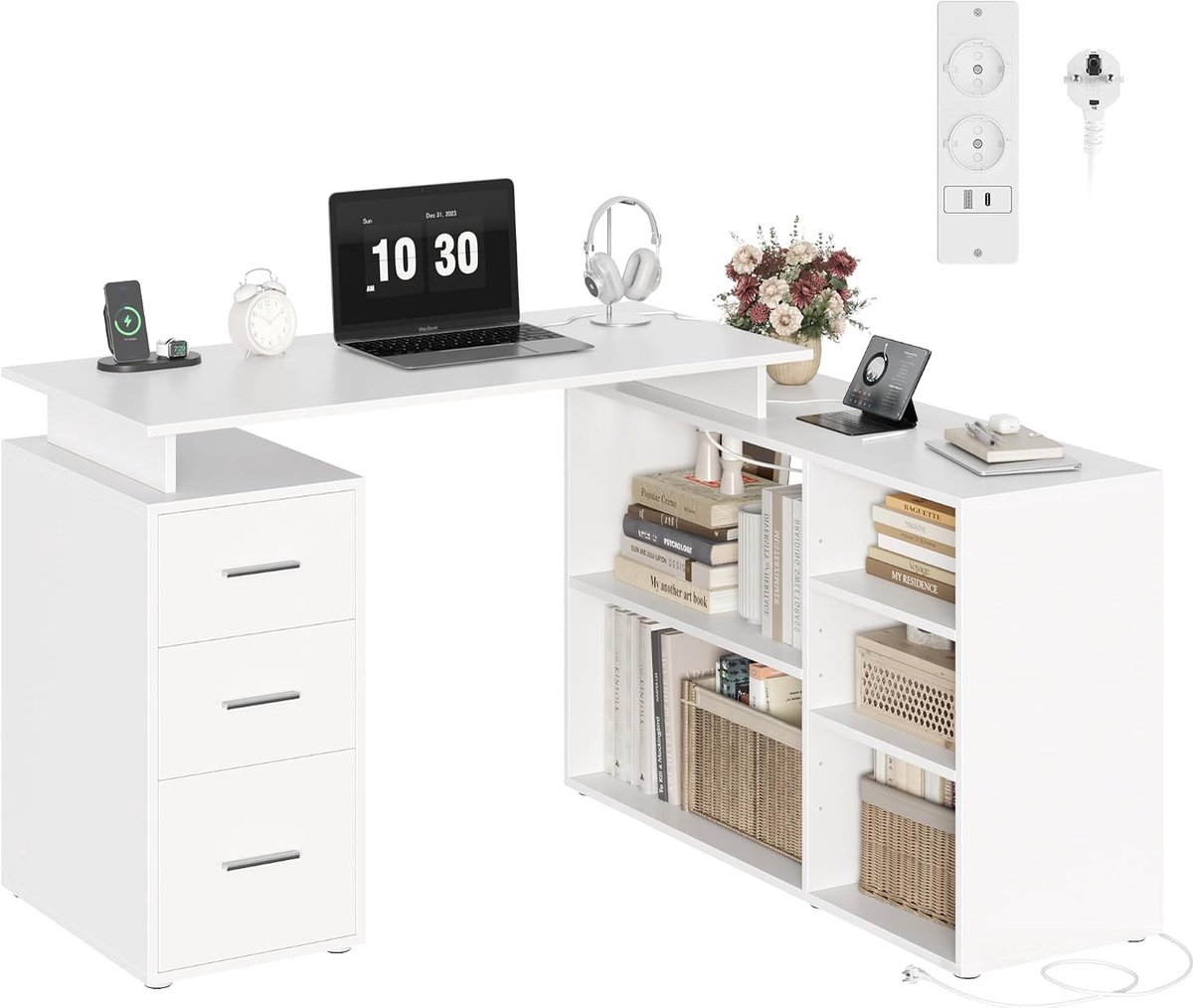 Hoekbureau, L-vormig bureau, voor kinderen, computertafel voor volwassenen, met 3 laden en 5 planken, voor thuiskantoor, 129 x 104 x 76 cm, wit