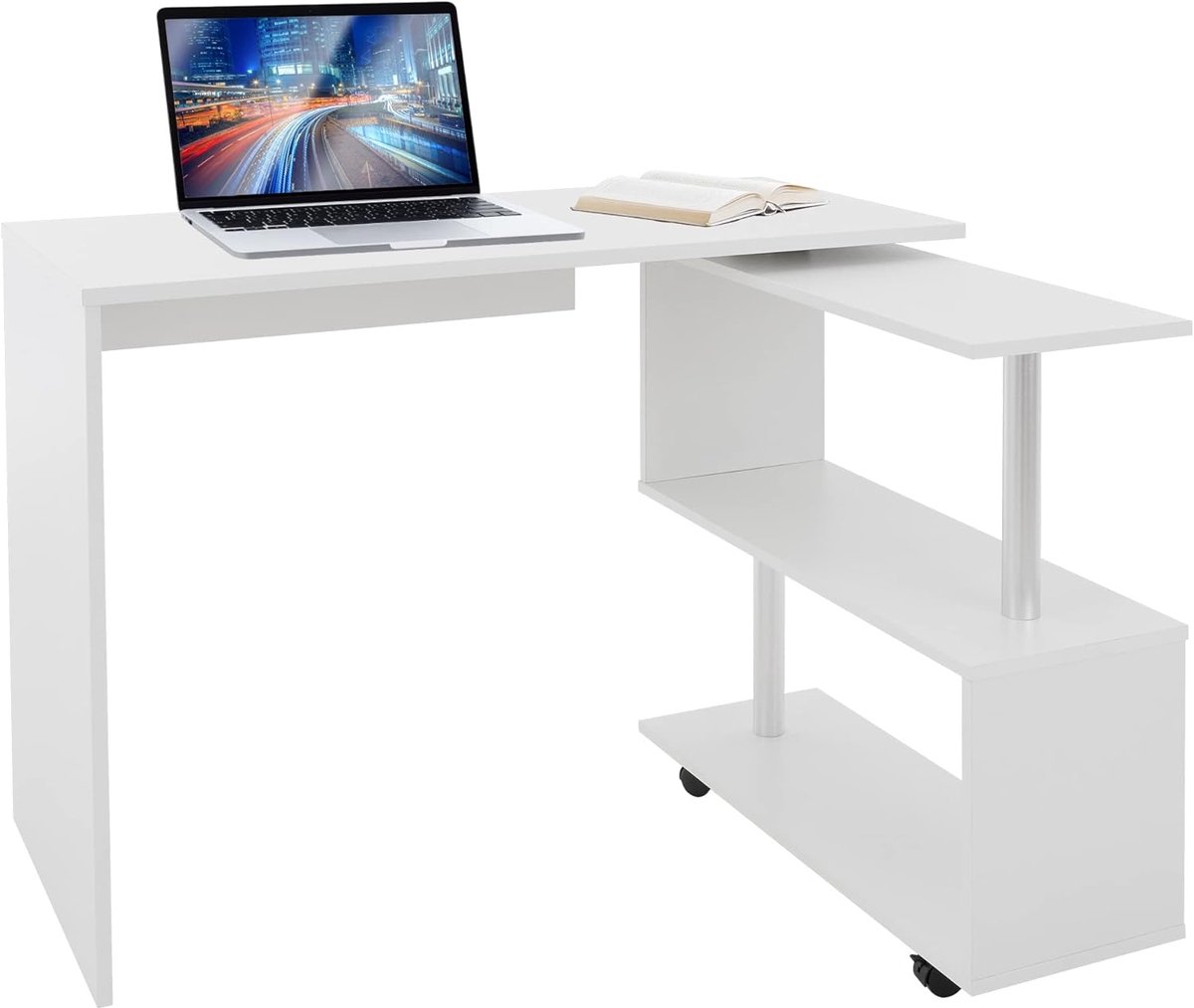 Hoekbureau draaibaar, bureau L-vorm, hoekcombinatie werkbureau bureautafel computertafel PC tafel, met 4 wielen, wit glanzend, 150x88x75 cm, voor thuis en kantoor