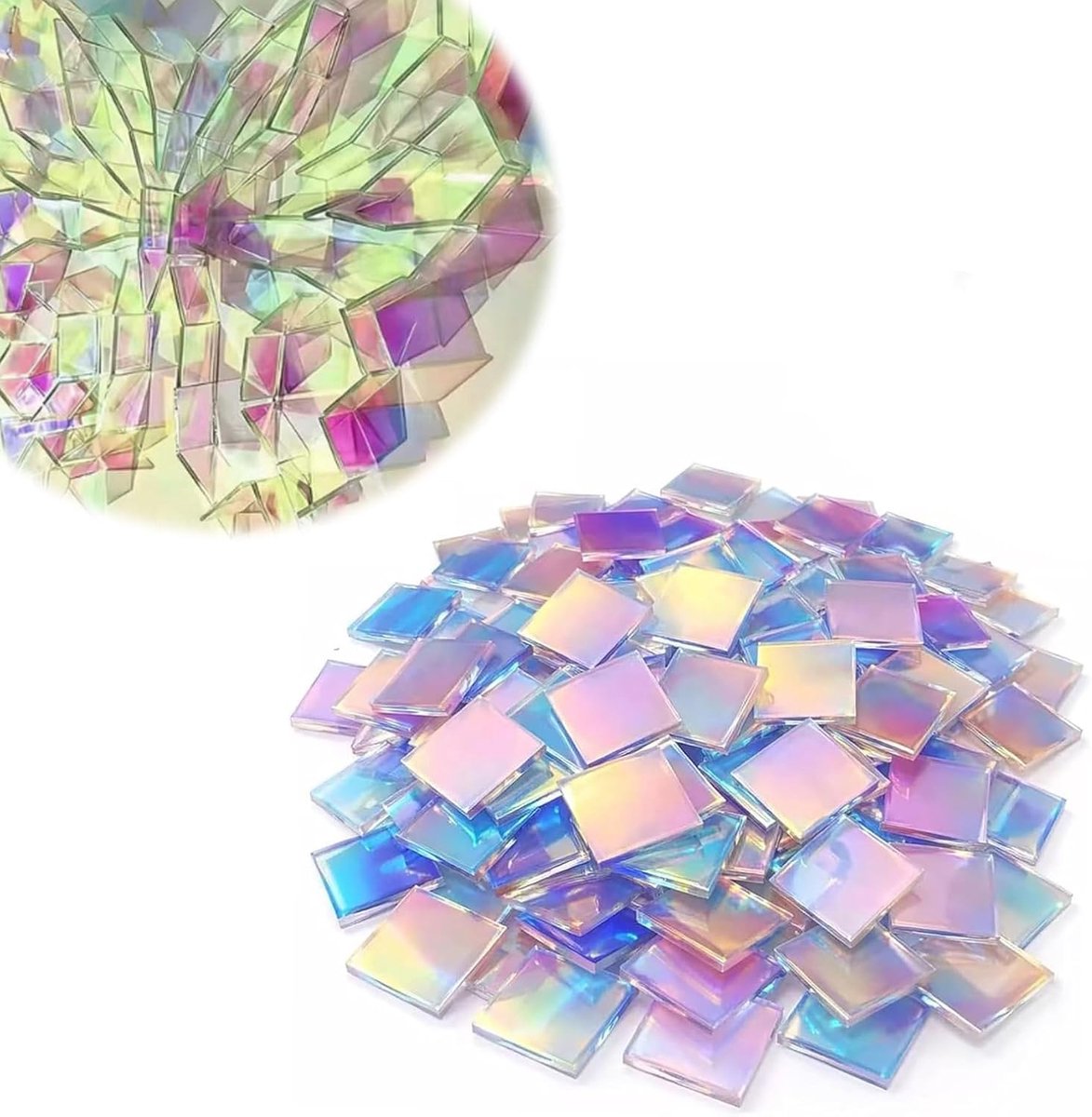 100 stuks acryl mozaïekstenen om te knutselen, kleine iriserende vierkante acrylmozaïekstenen, glinsterend gekleurd glas, mini mozaïektegels voor fotolijsten, bloempotten, buiten (100, iriserend, 3 x