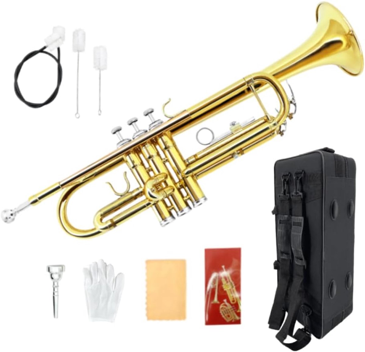 Standaard B platte trompet met 7C mondstuk, harde koffer, handschoenen en reinigingsdoek, student messing instrument (goud)