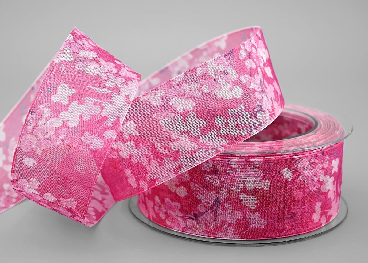 20 m x 40 mm decoratief lint EVA roze chiffon met bloemen bloemenlint transparant met draadranden cadeaulint lint aquarel effect stoffen lint lente zomer decoratief lint geschenkverpakking verjaardag