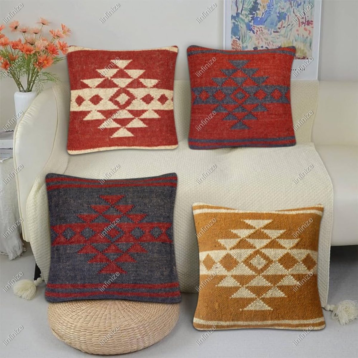 Kussenhoezen 45x45 cm - Handgeweven Kilim - Wol-Jute - Bohemian stijl - SnelShoppen