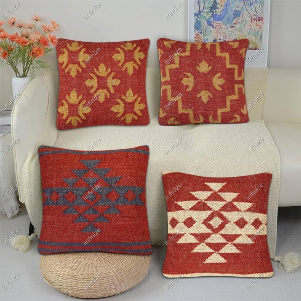 Kussenslopen 45x45 cm - Handgeweven Wol-Jute - Authentiek Kelim Design - Decoratieve Boho Kussenhoezen - SnelShoppen