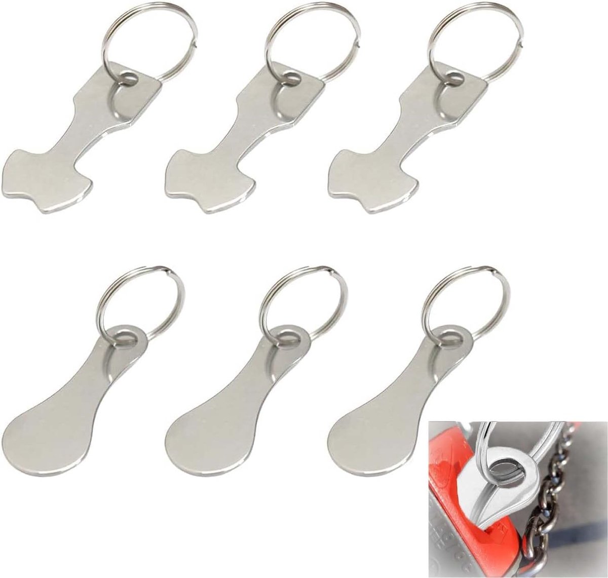 6 stuks sleutelhangers voor winkelwagen, winkelwagenchip van roestvrij staal, afneembare winkelwagensleutel, twee modellen winkelwagenchips