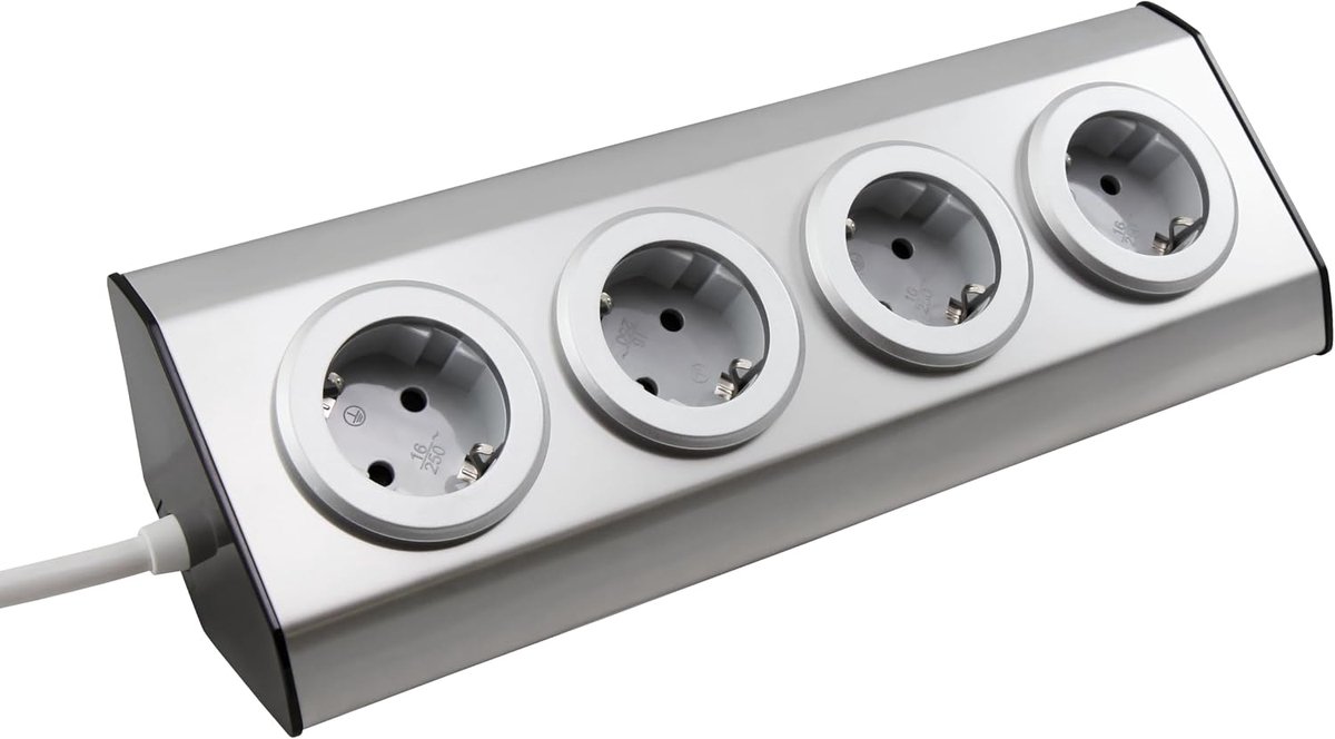Stekkerblok Hoek - Stopcontacten Blok - Werkplek Organiseren - 45 Graden Gedraaid - 150 cm Kabel - Zilver