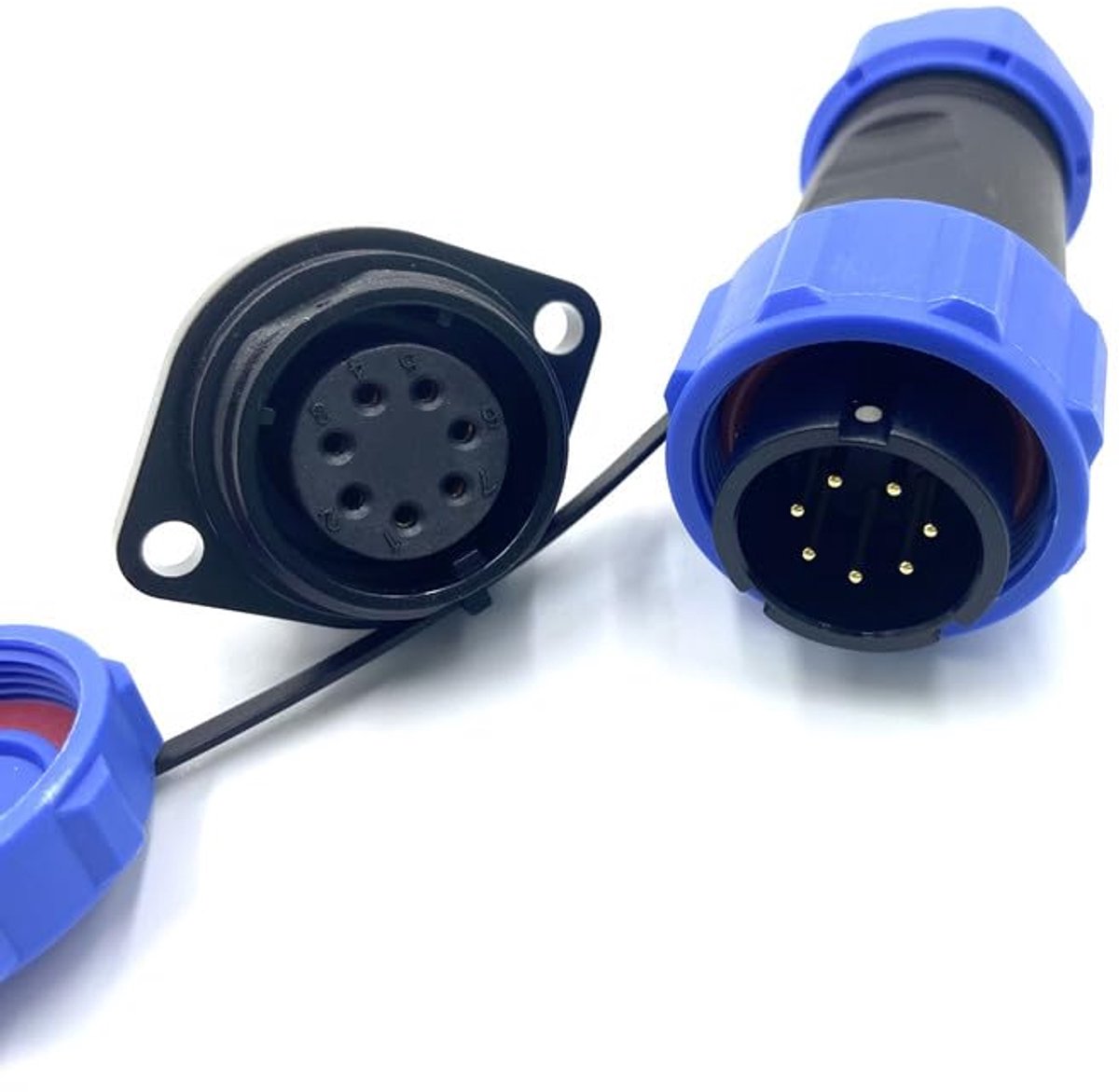 Luchtvaartstekker, SP21, 7-polig, soldeervrije 2 gaten flens, IP68, waterdichte en stofdichte luchtvaartstekker voor buitenlampen, 500 V, 15 A (14 AWG, kabel met schroefkrimp)