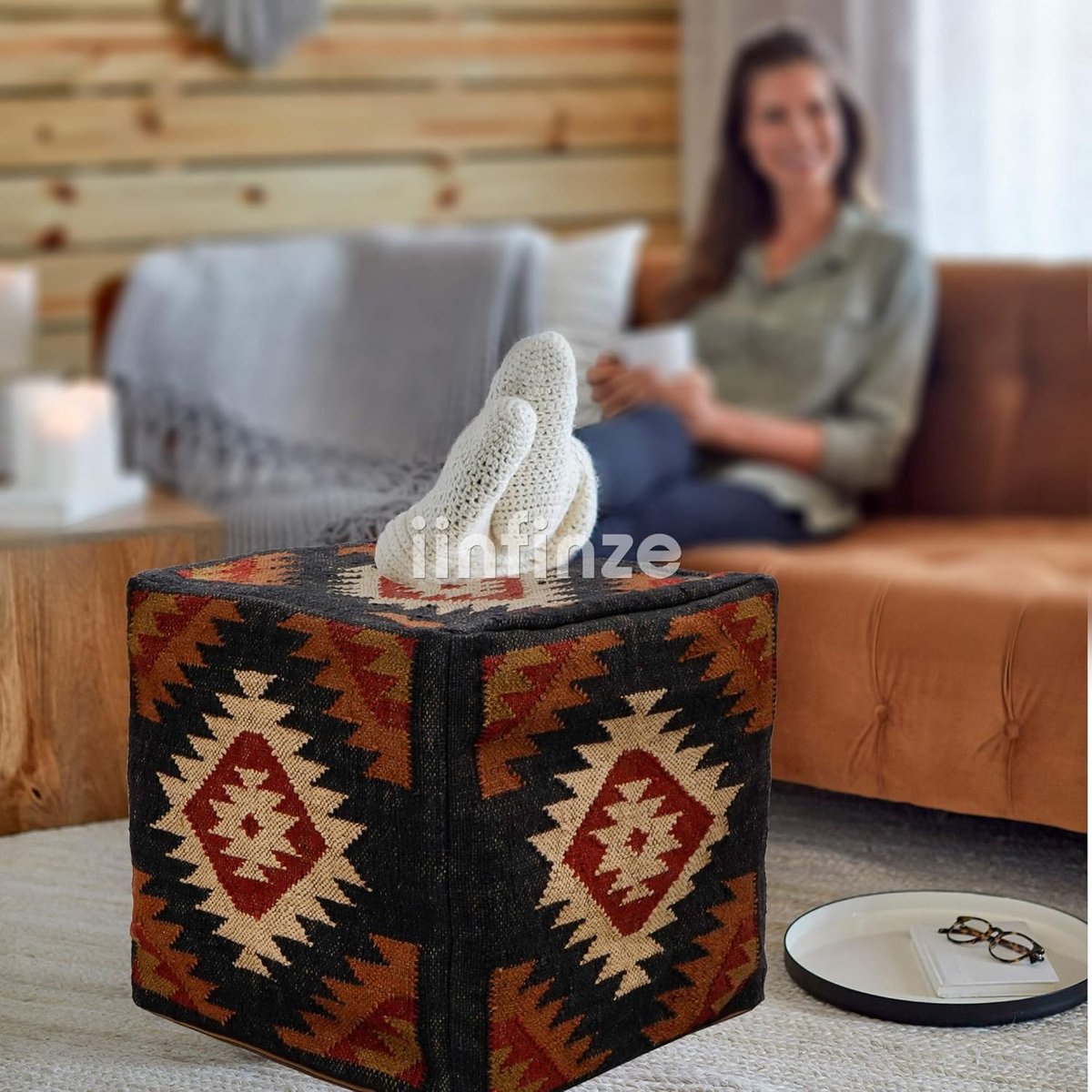 Ottoman pouf cover 45x45x45 cm - handgeweven wol-jute - traditioneel kilim patroon - stijlvol voetensteun - SnelShoppen