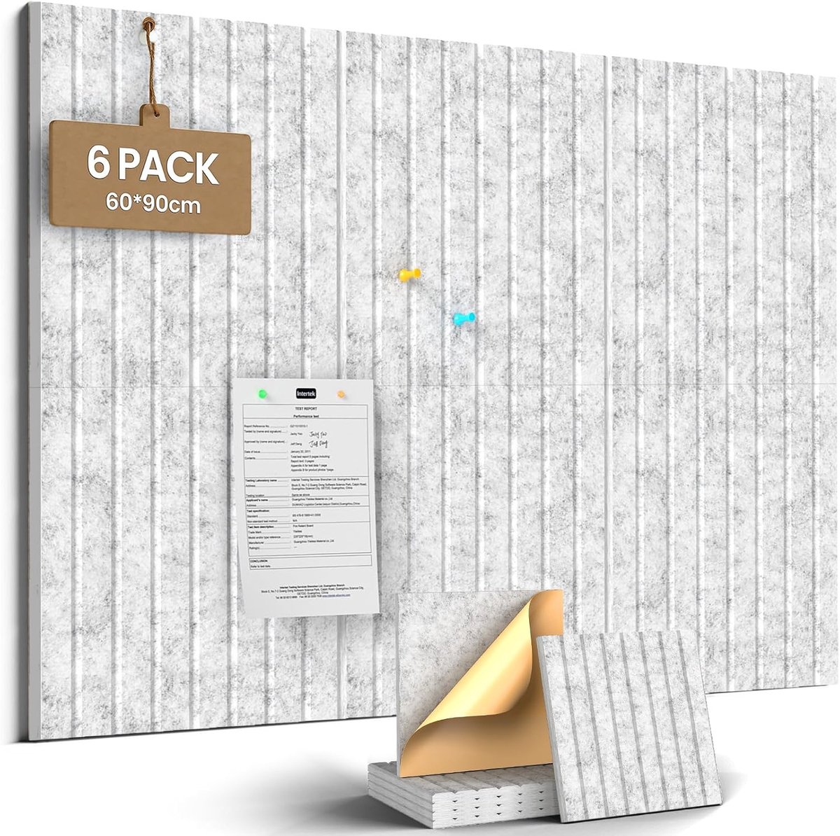 Vilt prikbord 120 x 90 cm, 6 stuks zelfklevend kurkbord voor muren, prikborden voor thuiskantoor, school, als planbord, fotowand, berichtenbord, sieradenopslag, zilvergrijs