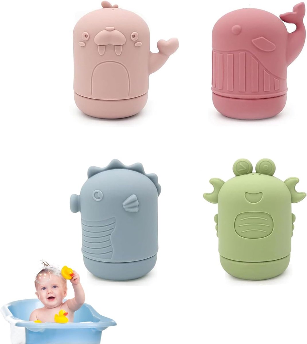 Badspeelgoed, 4 stuks siliconen badkuipspeelgoed, badspeelgoed, BPA-vrij, waterspeelgoed voor baby's, schattige badspatdieren, baddieren voor baby's en peuters (B)